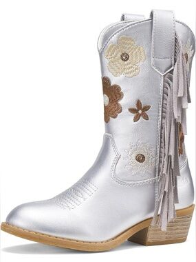 Rollda Silver Floral Embroidered Fringe Western Cowboy Boot Girl’s Size 4